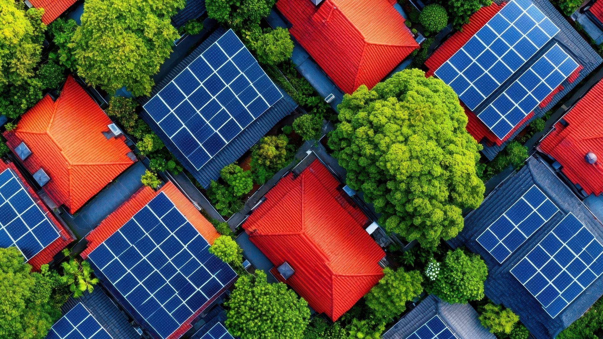 Aerial view of roofs solar residential houses grid electricity demand