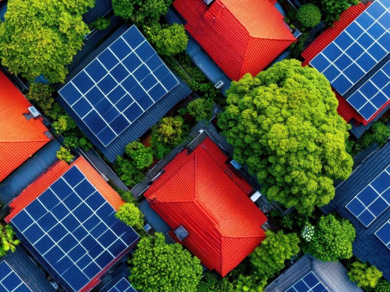 Aerial view of roofs solar residential houses grid electricity demand